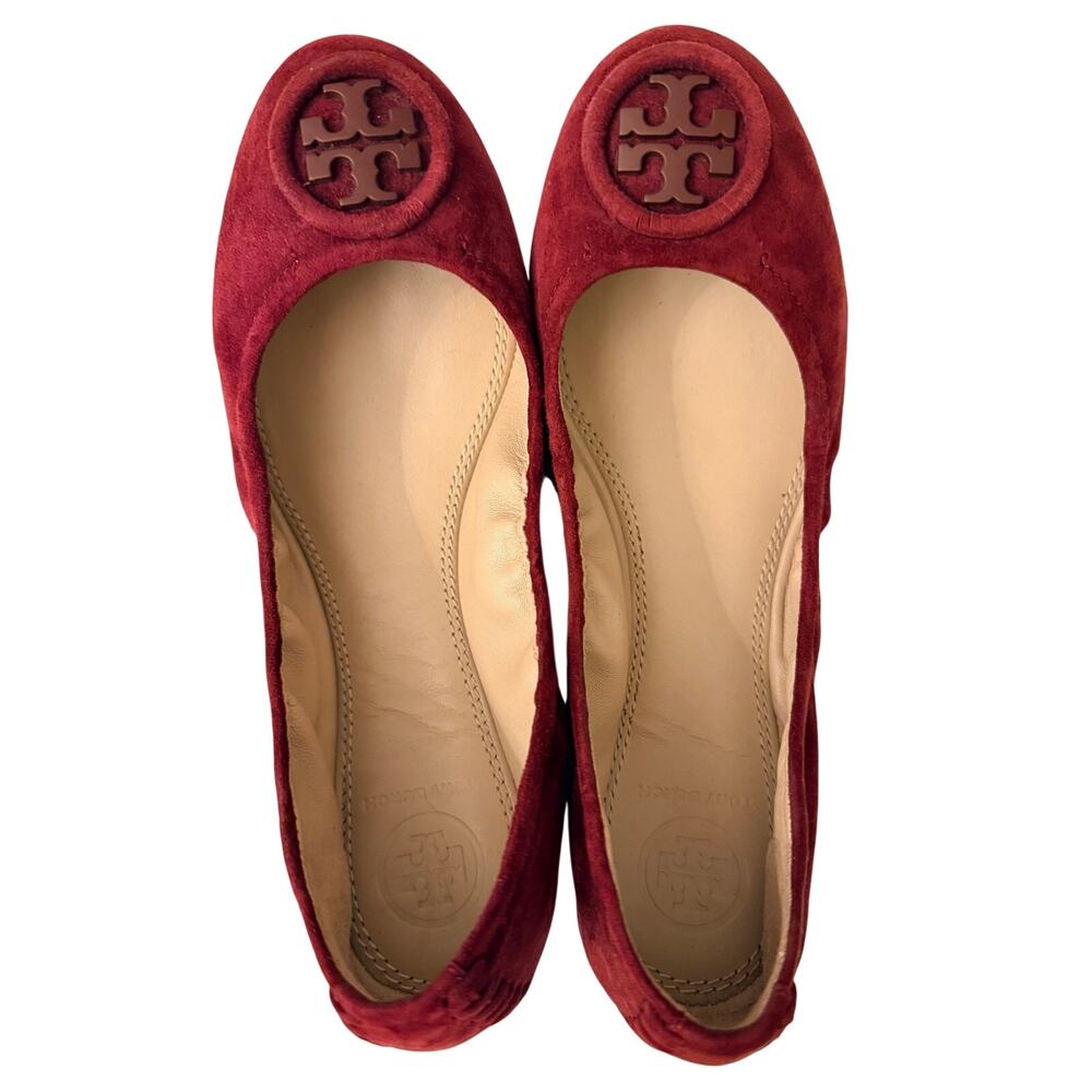 Tory Burch Reva Ballet Flats Burgundy Suede Logo Size 5.5